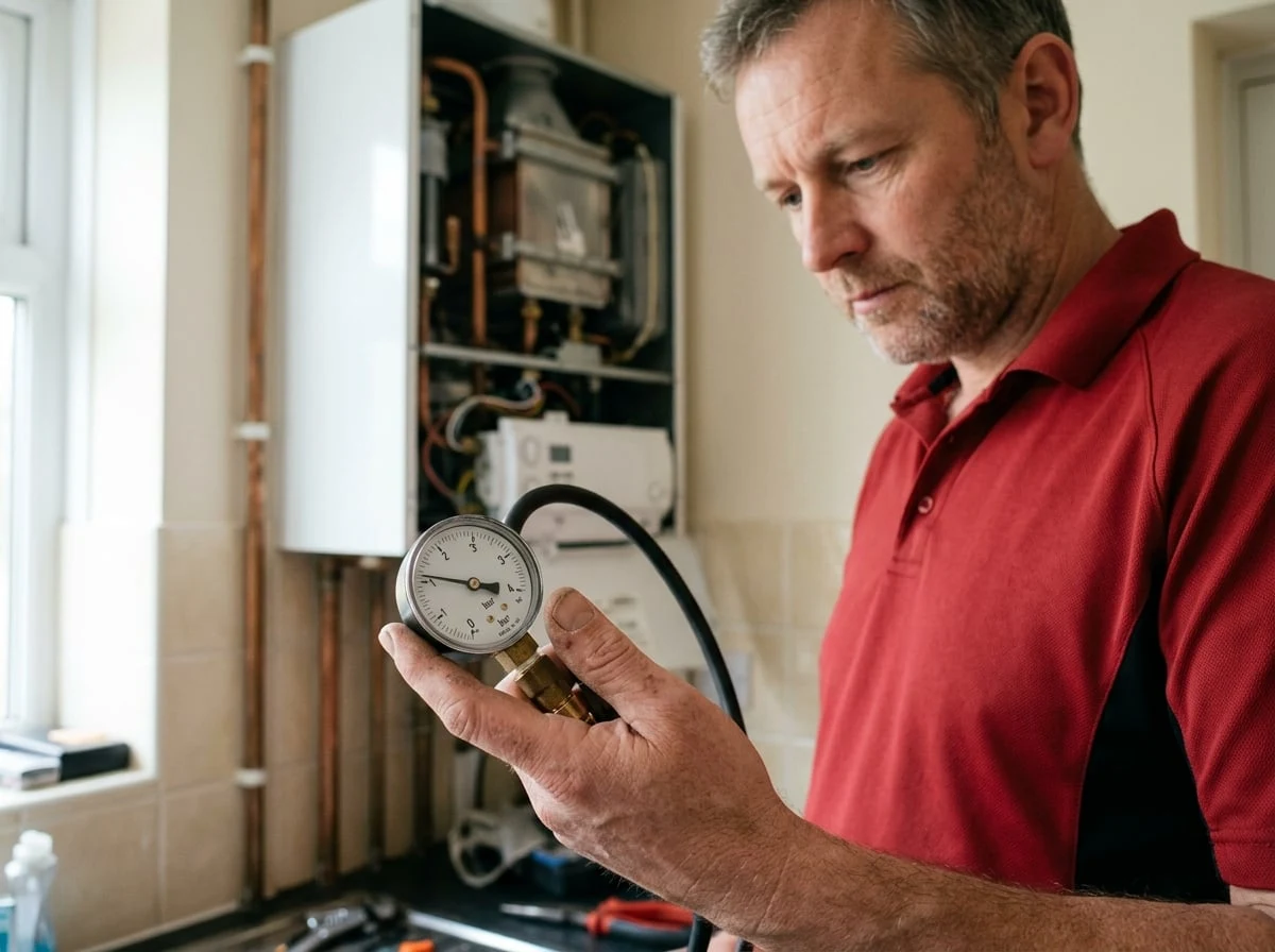 Chelsea Plumbers 247 engineer checking boiler pressure with a gauge during a boiler repair in Chelsea
